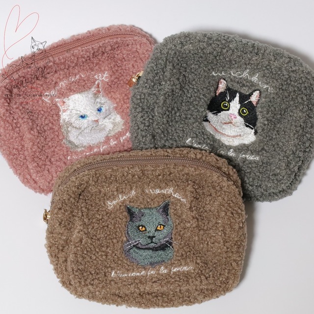 もこもこボアポーチ　ねこブリティッシュ　ショートヘア　ココアブラウン