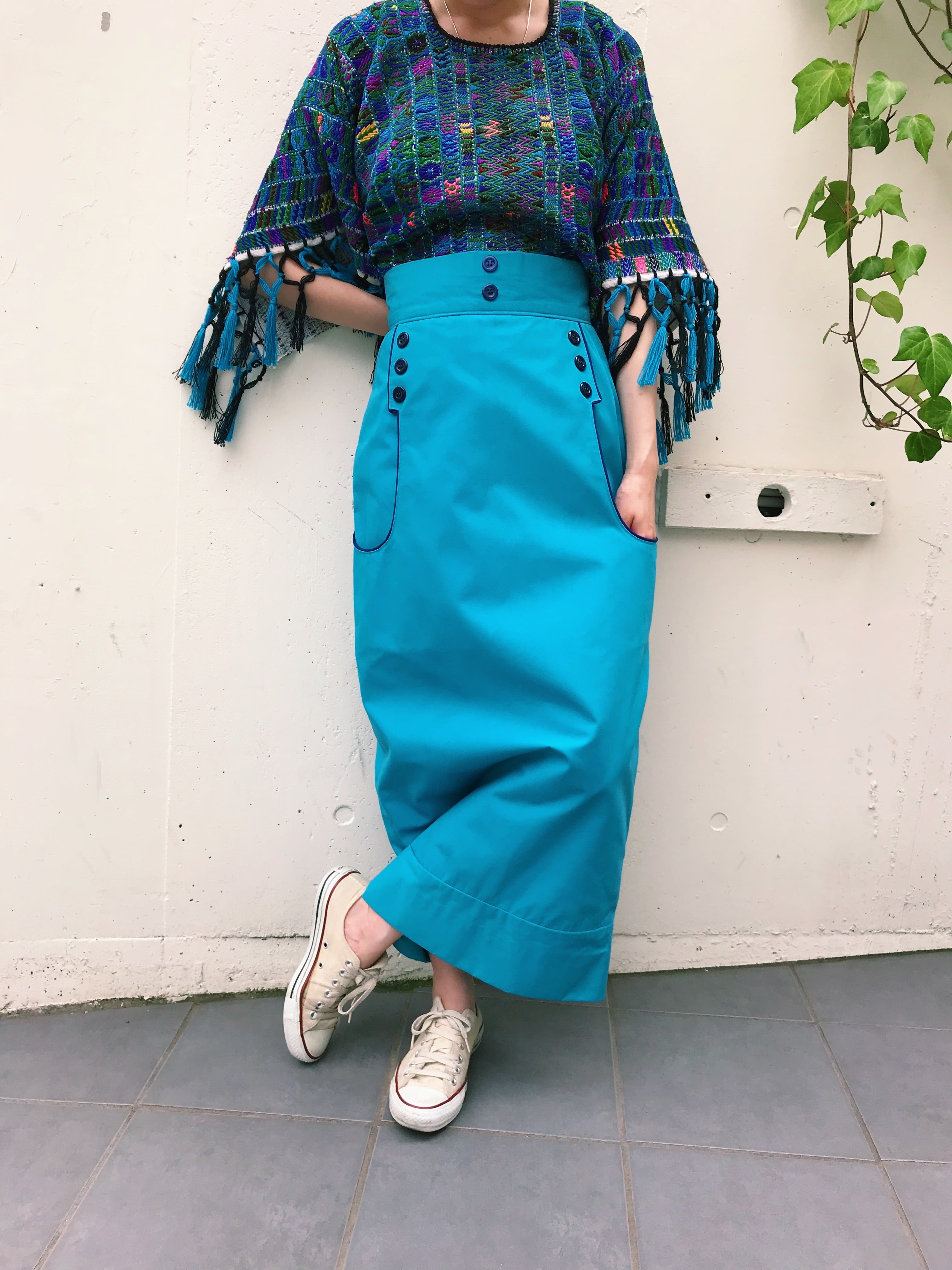 60s sax blue × navy long skirt ( ヴィンテージ 水色 × ネイビー ...