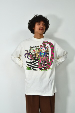 90s USA製 Fruit of the room Art cap print long sleeve T-shirt