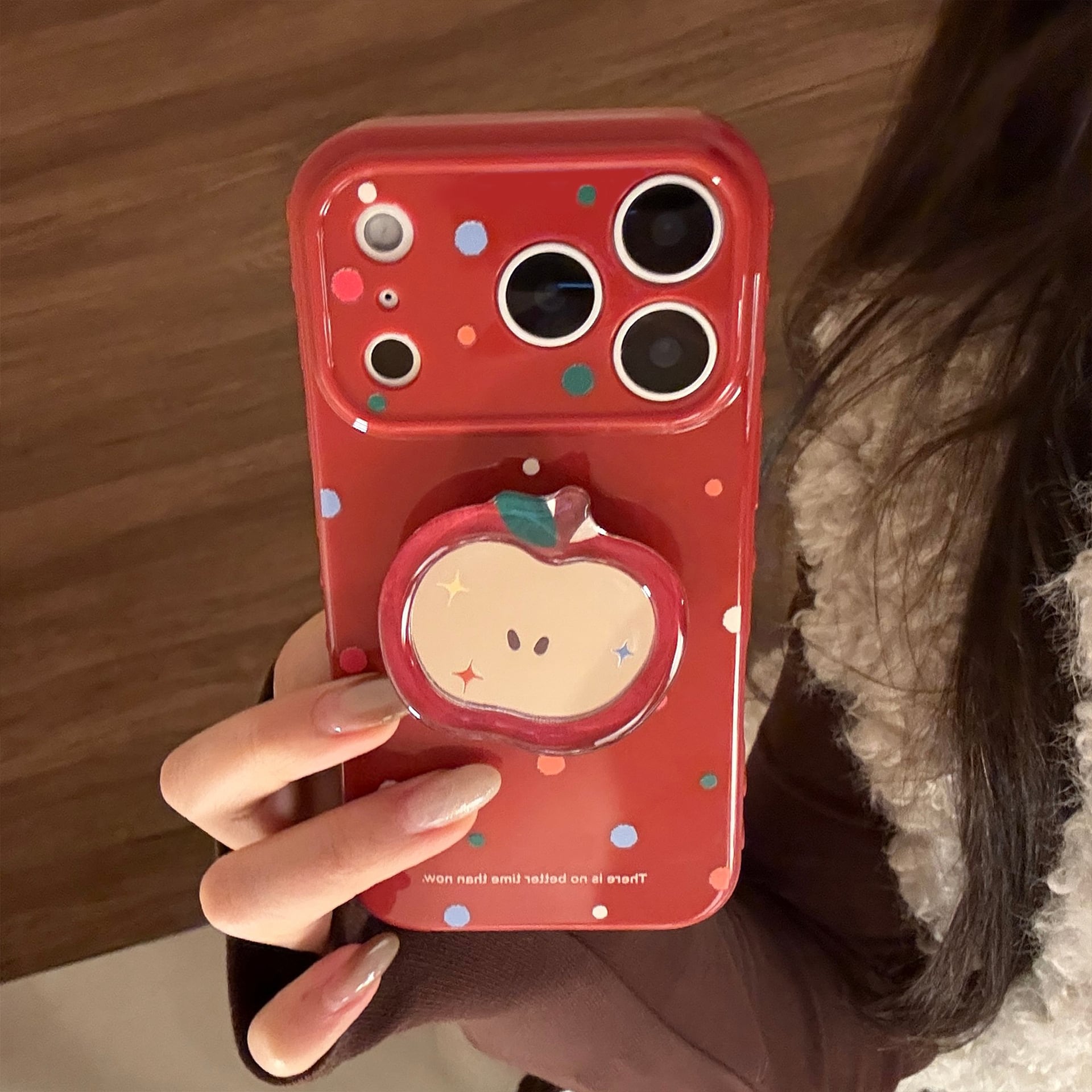 iPhone17-11対応】真っ赤なリンゴ◎鏡面グリップ ドット柄 韓国ケース