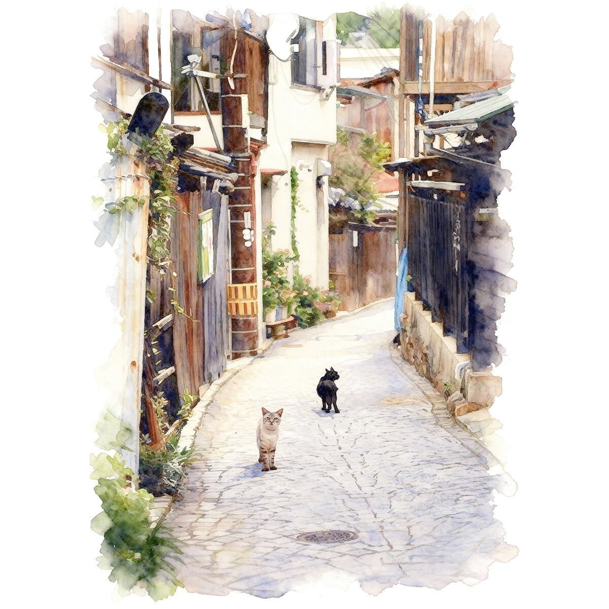 絵画 動物 街中の猫 インテリアアート額付き 水彩画風 WAT1784