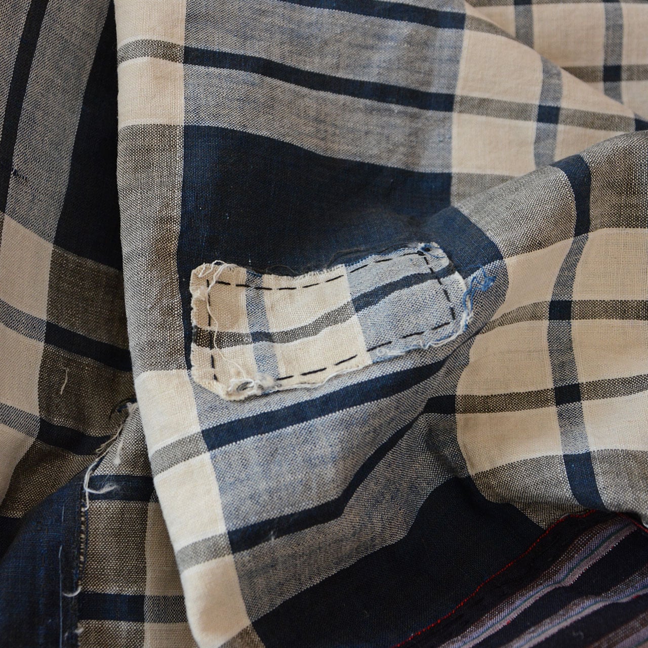 布団皮 木綿 藍染格子×縞模様 古布 リメイク素材 襤褸 ジャパン