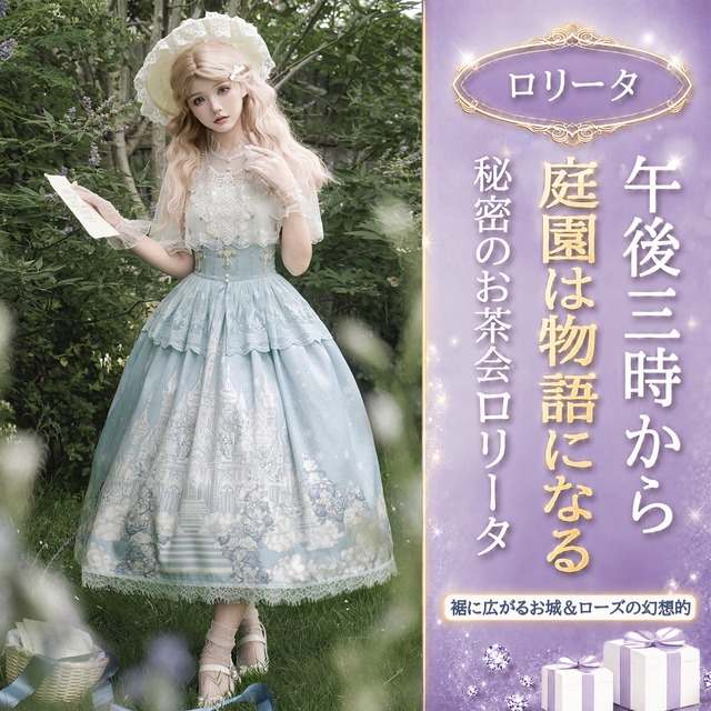 〔ロリータ〕蒼い城の庭園 レースケープ付きロングスカート3点セット｜キャミソール・ケープ・城柄スカート