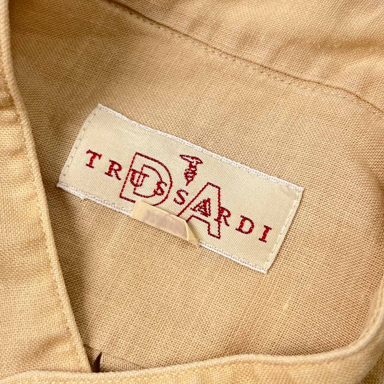 リネン100% TRUSSARDI トラサルディ バンドカラー 長袖シャツ M-82/ベージュ メンズ ビンテージ
