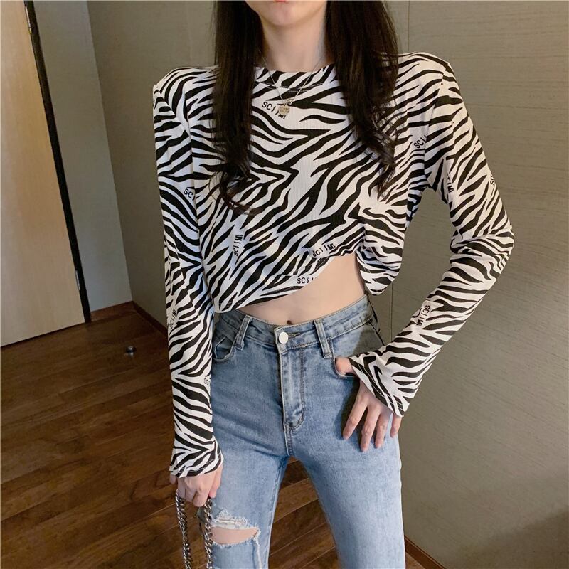 ゼブラ柄ショートTシャツレディースフォールルーズで薄手の長袖ボトミングシャツ2020ニューインナートップ ブラックストロベリース65423608273