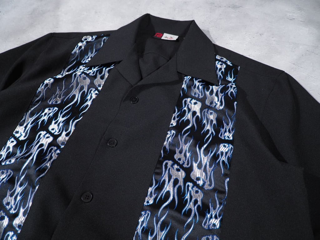 Skull × Flame pattern Satin switching vintage loose Open callar SS shirt