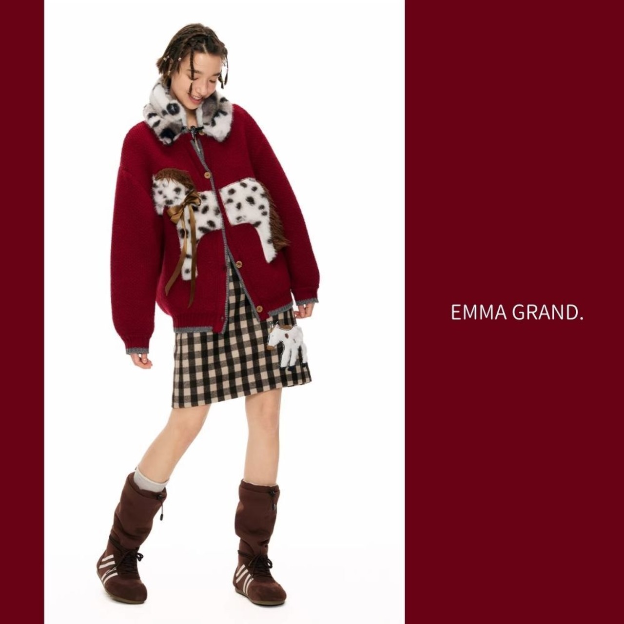 夜更けの森で佇む白斑馬のリボンニットカーディガン E00627