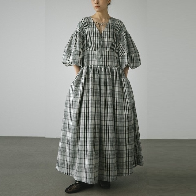 Puff Sleeve Check ワンピース [26010434]