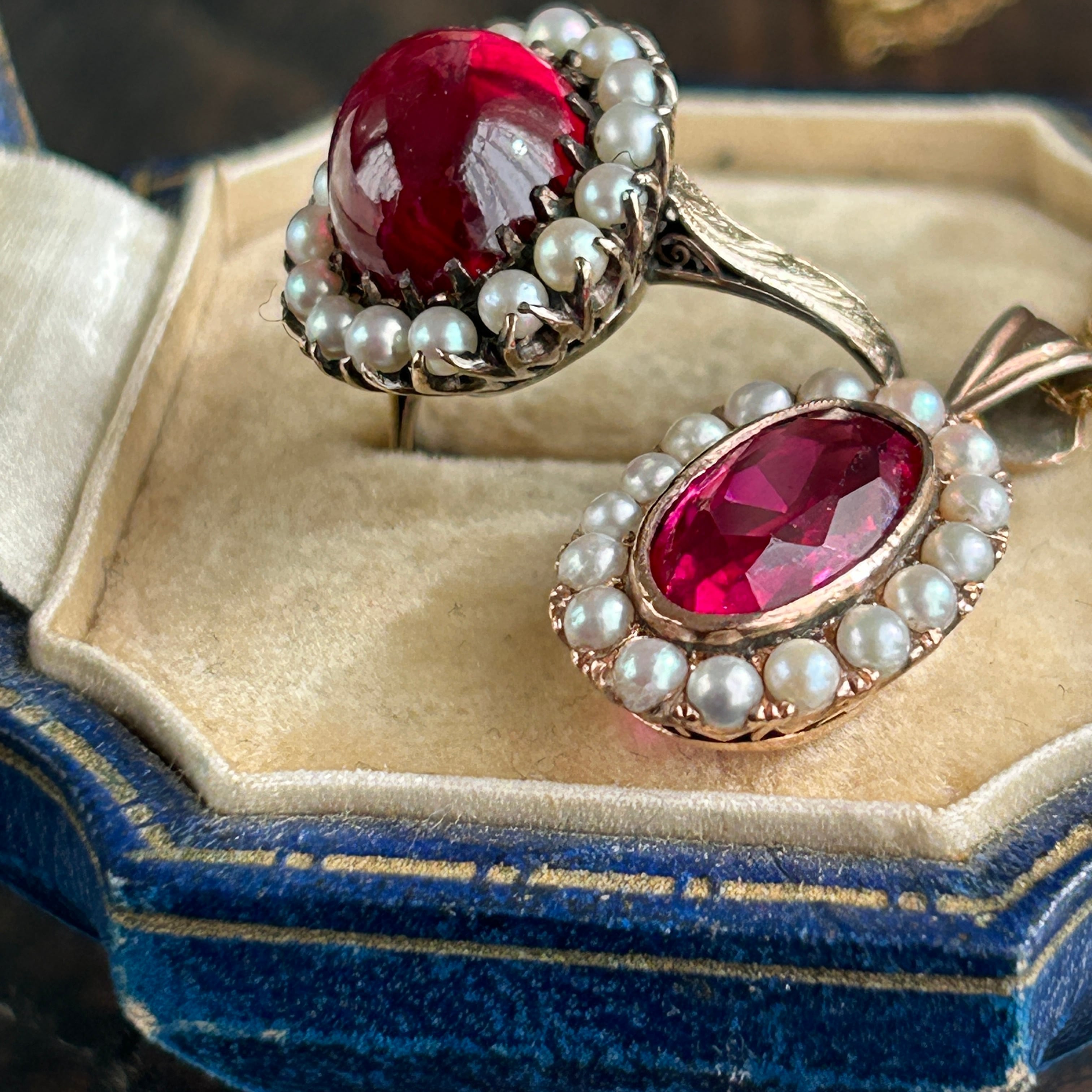 Viotage K12合成ルビーカボッションあこやベビーとりまきリング