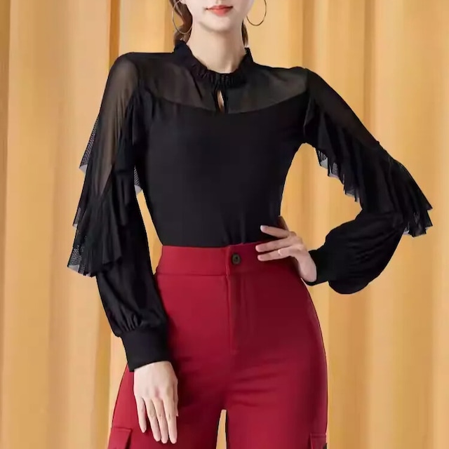 フリンジ ロングスリーブ ギャザーネック ダンスブラウス ds1126