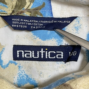 【NAUTICA】90s 旧タグ アロハシャツ 半袖 シャツ 柄シャツ ボタンダウン 総柄 オールパターン L ビッグサイズ ノーティカ US古着