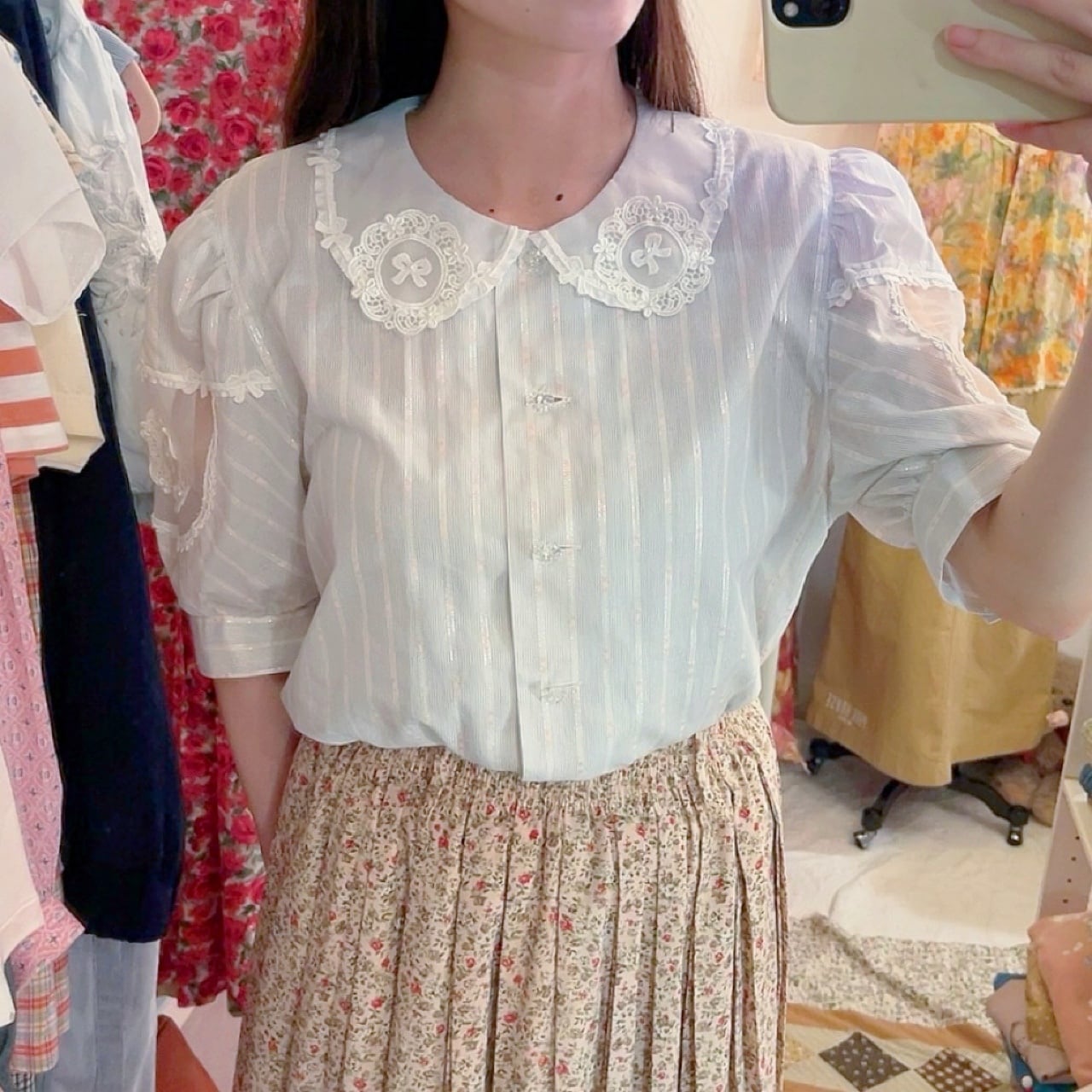 ribbon lace collar stripe blouse