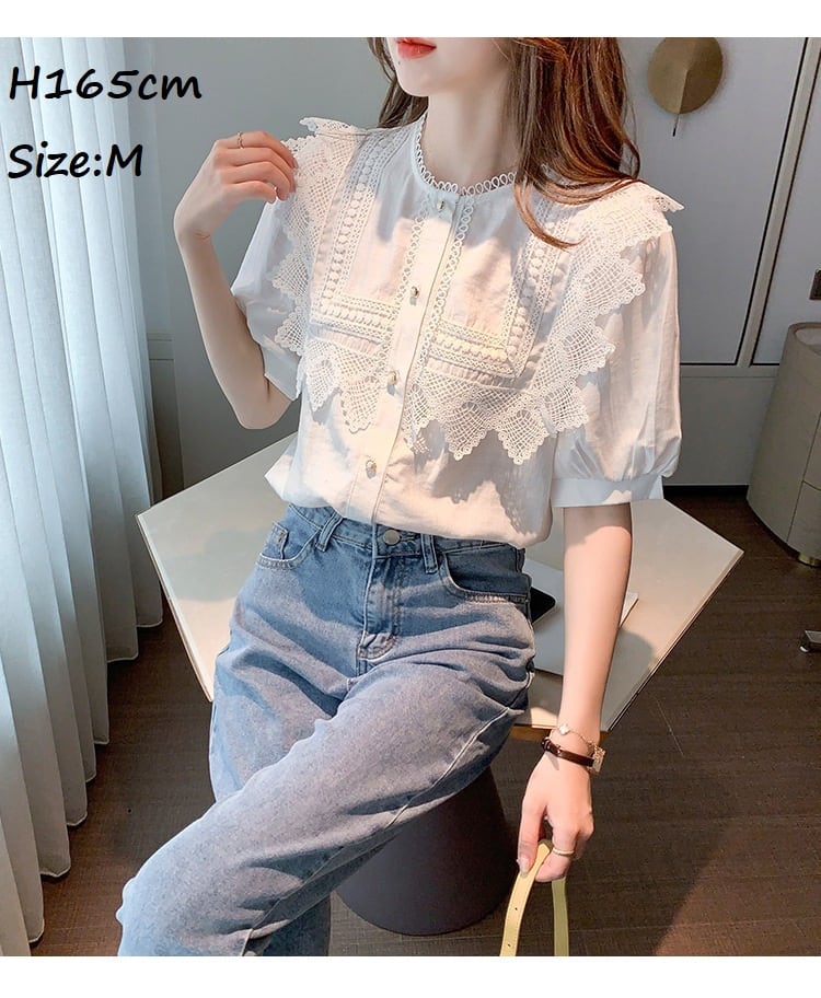 半袖フリルシャツ レディース 半袖 シャツ 前開き パフスリーブ