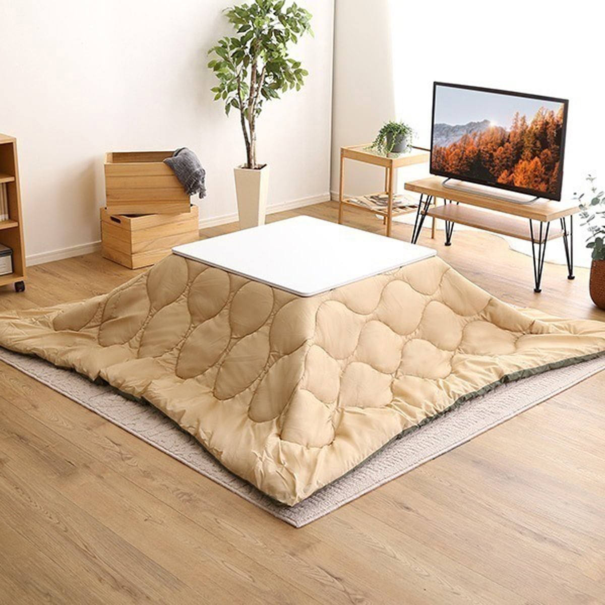 リバーシブル天板のシンプルなホワイトこたつ布団セット(ダウン) 正方形(70×70cm幅)SH-01