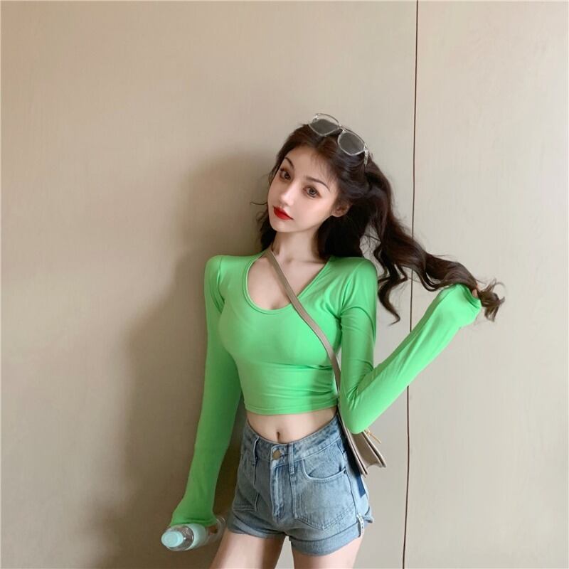 ショートタイトフィットオールマッチボトミングシャツレディース2020年秋ニューホワイトスリムスリム長袖Tシャツトップインタイド ブラックストロベリース82729222360