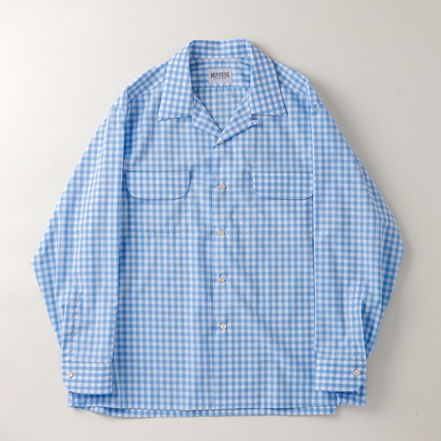 【新品】MINTENS 1960s vintage cotton shirts made in Italy fabrics made in JAPAN／ イタリア製  ヴィンテージ生地 コットン オープンカラー シャツ ギンガムチェック ブルー オリジナルブランド 1960年代シルエット サイズ①