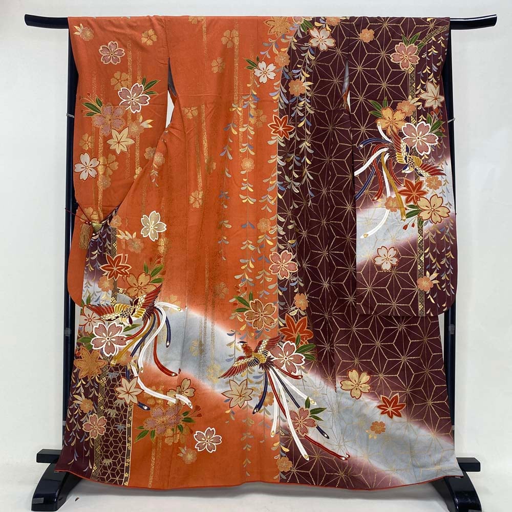 振袖 中古 オレンジ ブラウン 正絹 古典 裄68cm 身丈166.5cm 美品 L サイズ 成人式 4048