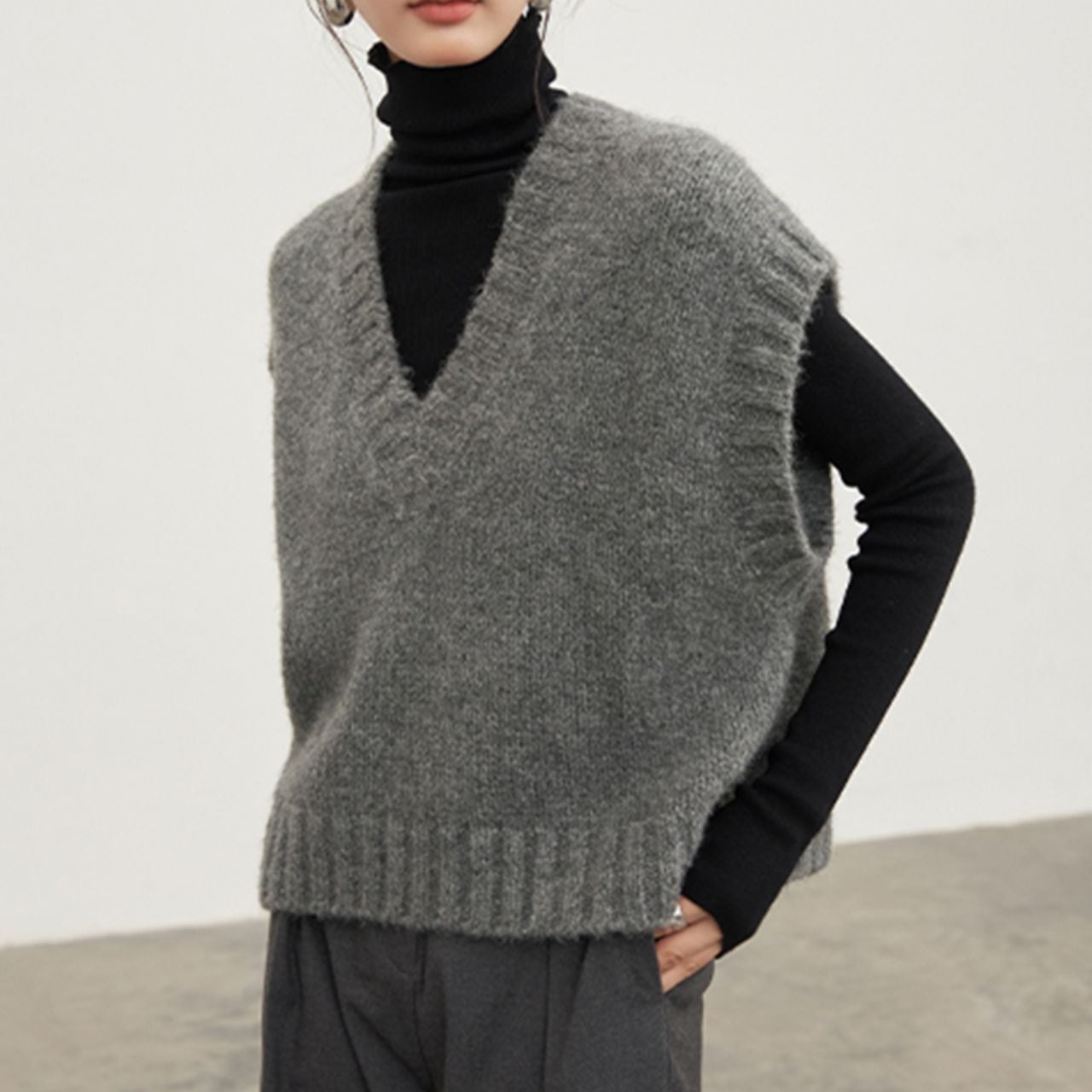 Vネック ゆったりニットベスト Ln00432