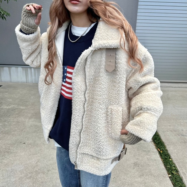 ベルトデザインパイピングムートンファーJK／ホワイト