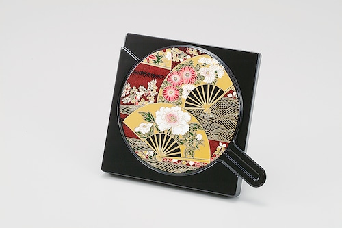 36-0803 合せ鏡 黒 舞扇  Two Mirrors Set w Fan and Flower Motif