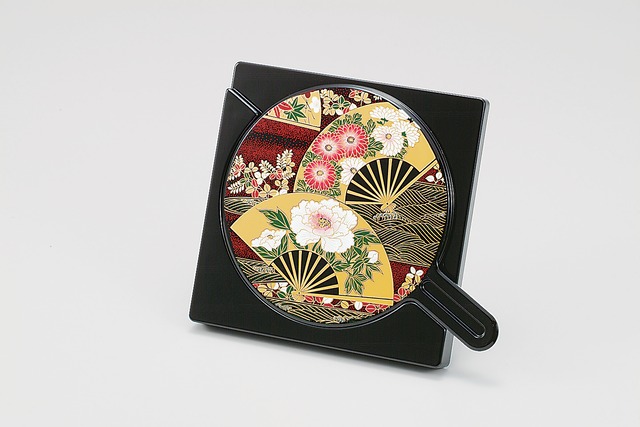 36-0802 合せ鏡 黒 扇面  Two Mirrors Set w Fan Motif