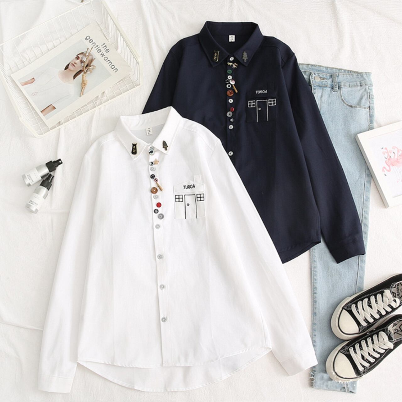 Regit 即納 Adornment Button Shirts 韓国ファッション 森ガール おしゃれ シャツ 白シャツ かわいいシャツ ユニーク 個性的なファッション Regit