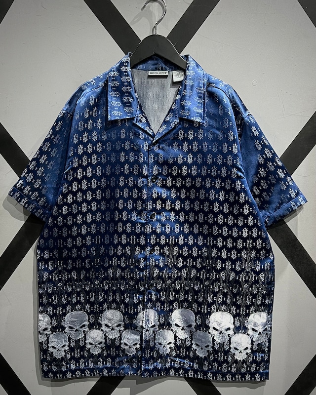 【X VINTAGE】Skull × Tribal Pattern Vintage S/S Metallic Open Collar Shirt