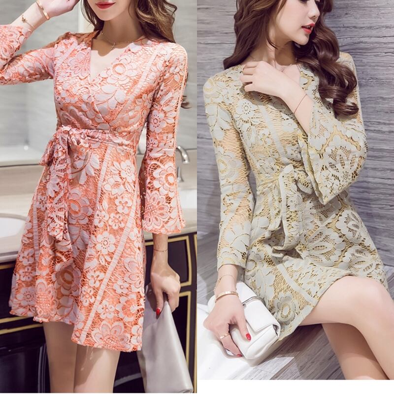 七分袖 Vネック ウエストリボン ミニ丈ワンピース