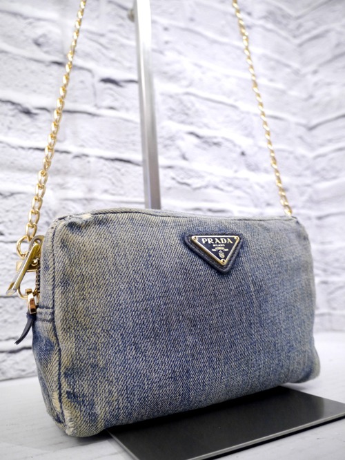 ◆PRADA プラダ CANAPA カナパ クロスボディ チェーンストラップ デニム ミニ ショルダー バッグ カメラ バッグ ポーチ 青x金◆ レアモデル