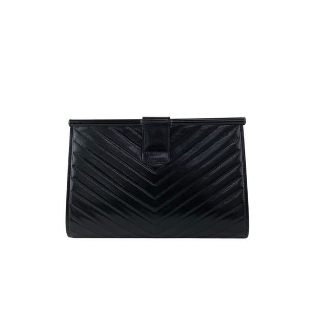 Yves Saint Laurent イヴ・サンローラン クラッチバッグ ブラック YSL ロゴ型押し レザー バイアステッチ vintage ヴィンテージ オールド b3p3mj