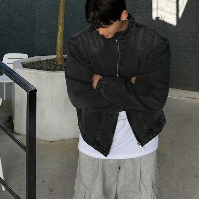 【予約販売】ブルゾン 無地 ブラック デニム ステンカラー ショート丈 ジップアップ ジャケット 防寒 お洒落 こなれ感 ベーシック 秋冬 M/L/XL