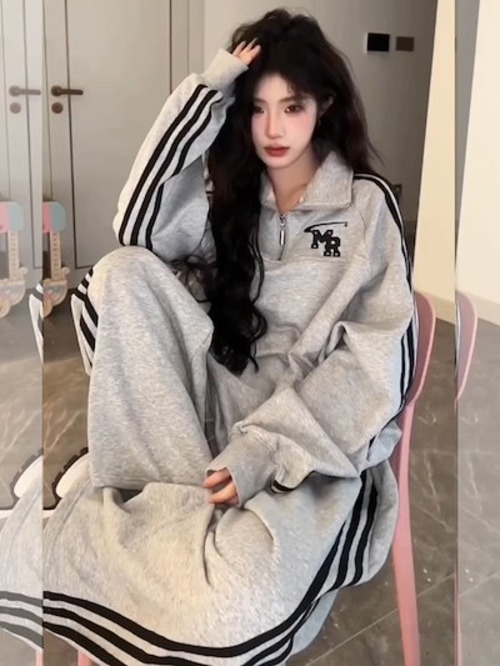 2024 秋冬 2点セット トップス 羽織り ショート丈 セットアップフルパーカートレーナーラウンドヘムルーズ サイド上下ボトムスストレート系冬ゆったりサイズワイドシルエットハーフリラックストラック