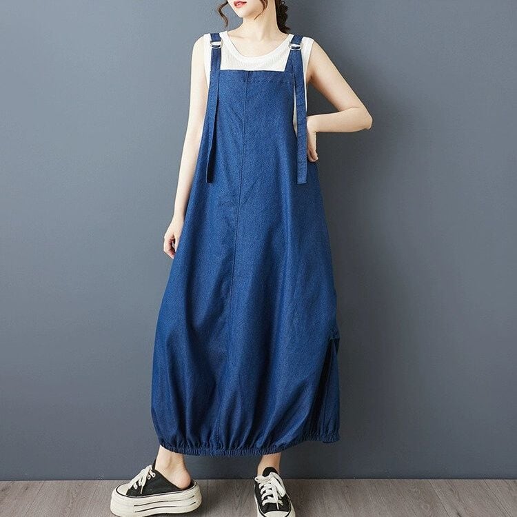 BLUE DENIM COCCOON LONG STRAP JUMPER DRESS 1color M-13943