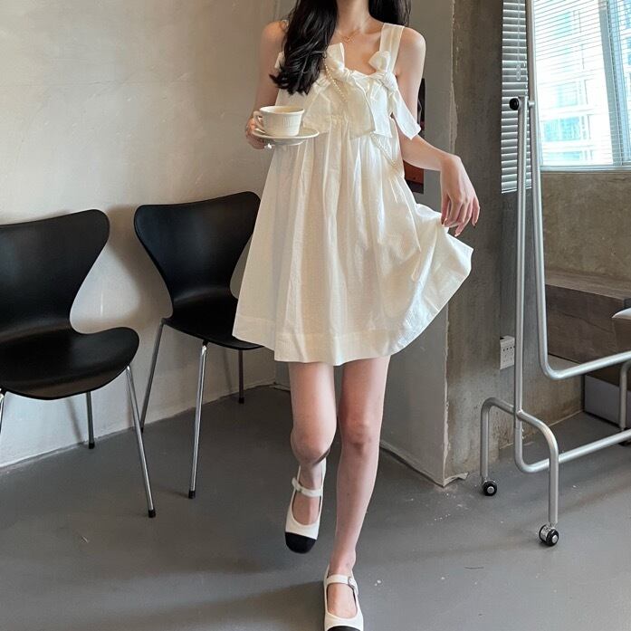 トップス カラーハイウェストウェスト薄手Aラインスカート サマードレス リボン 大人ガーリー スウィート キュート カジュアル 夏物 ピュア ドラファッションホール36053777475