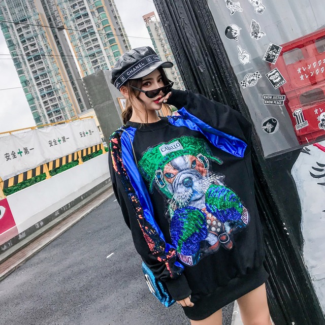 かわいい犬イラストスパンコールストリートオルチャンファッションブラックスウェットトレーナー アメカジ ストリート系レディース韓国オルチャンファッション通販ショップ アドーカブル かわいい犬イラストスパンコールストリートオルチャンファッションブラックスウェットトレーナー アメカジ ストリート系レディース韓国オルチャンファッション通販ショップ アドーカブル