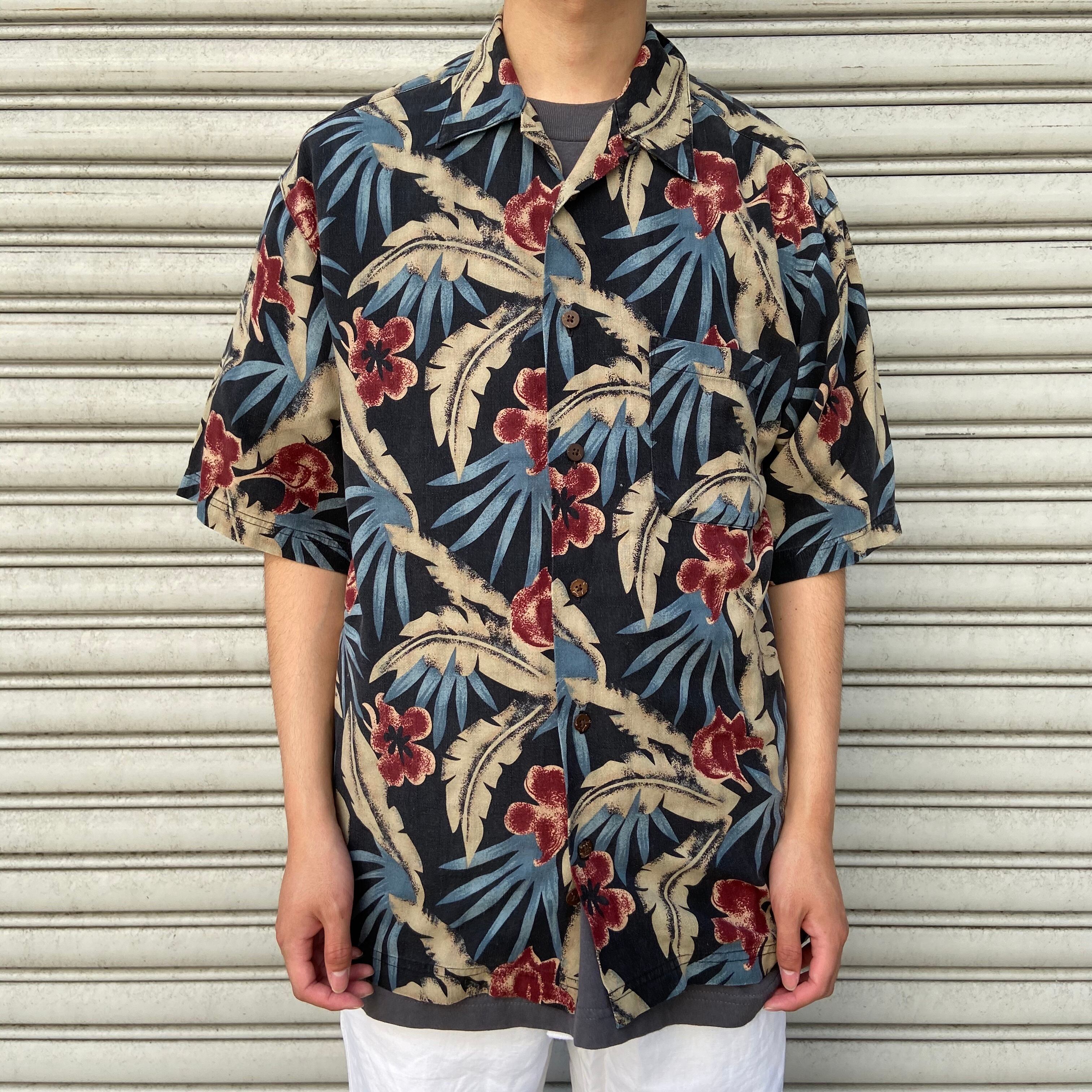 送料無料』Haggar アロハシャツ シルク フラワー柄 リーフ柄 メンズM