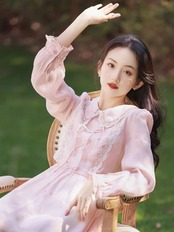 【0113】Round Collar Lace Pink Long Sleeve Dress