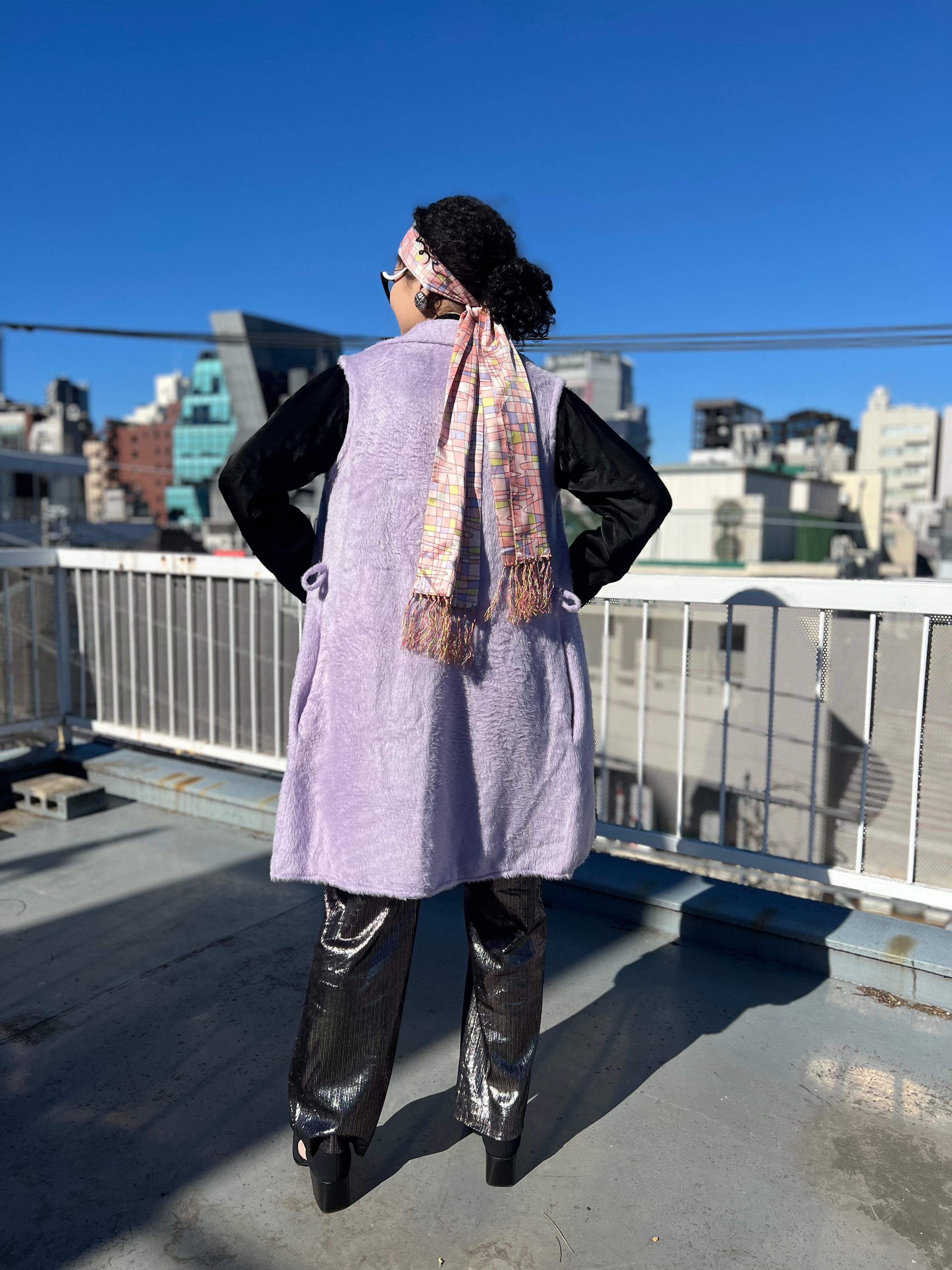 毛皮 ベスト　カラーフォックス　ラムレザー　XL リアルファー　パープル　総柄 Real Fox Fur Real Fur Coat リアルフォックスファーコート ミディアム