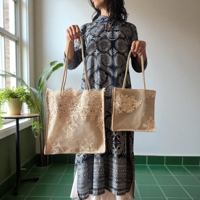 メッシュ　シャンパンゴールドレース花柄バッグ大