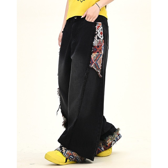 ethnic patchwork fringe denim　エスニックパッチワークフリンジデニム　J1037