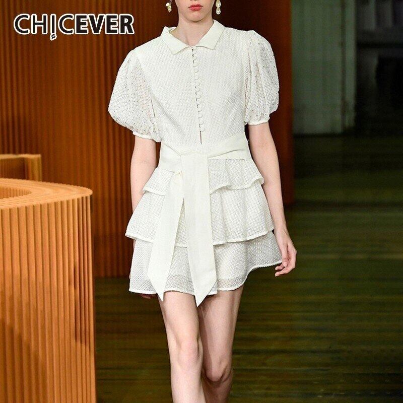 CHICEVERヴィンテージホローアウトレディースドレススタンドパフスリーブウエストレースアップフリル裾ミニドレス2020年夏 ラッフル サマー 夏物 ビンテージ 6base52164361621