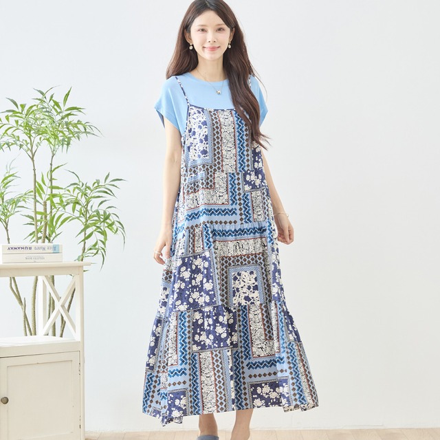 TRUBE エスニックパッチワークティアードキャミマキシワンピース【M~L】ネイビー