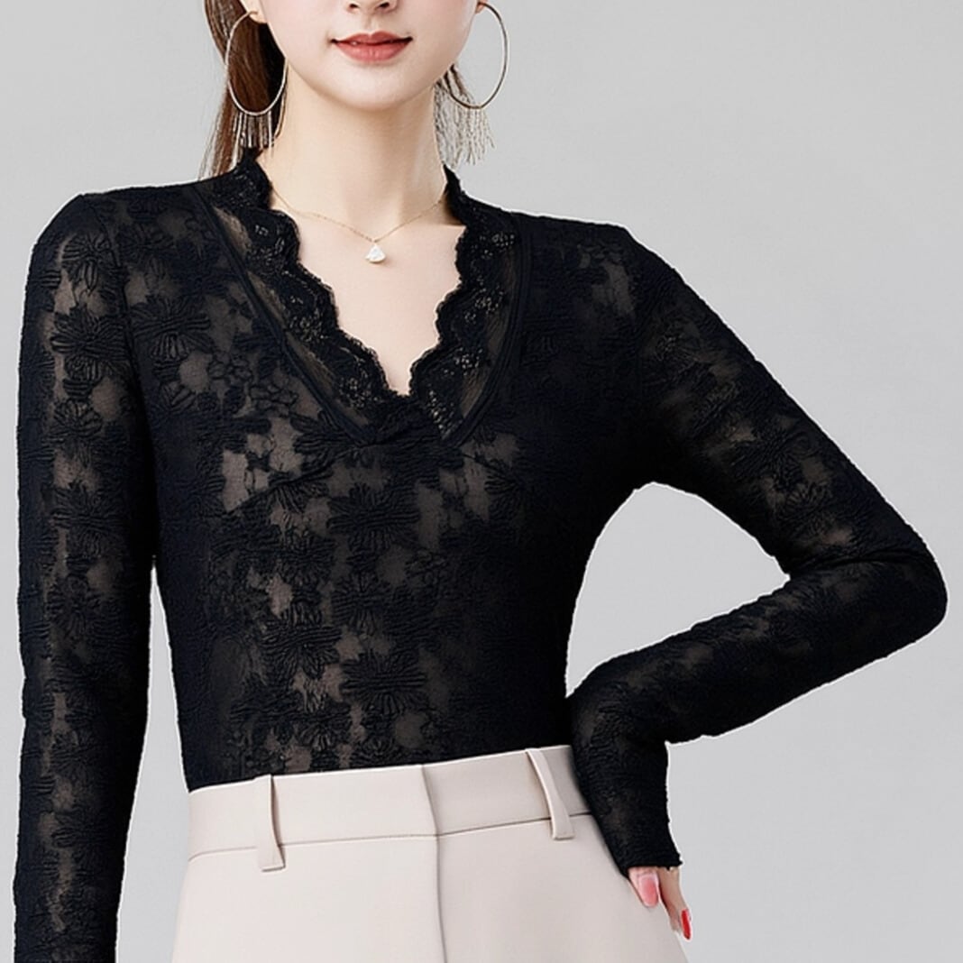 レーストリム Vネック ロングスリーブ ダンスカットソー ds1133