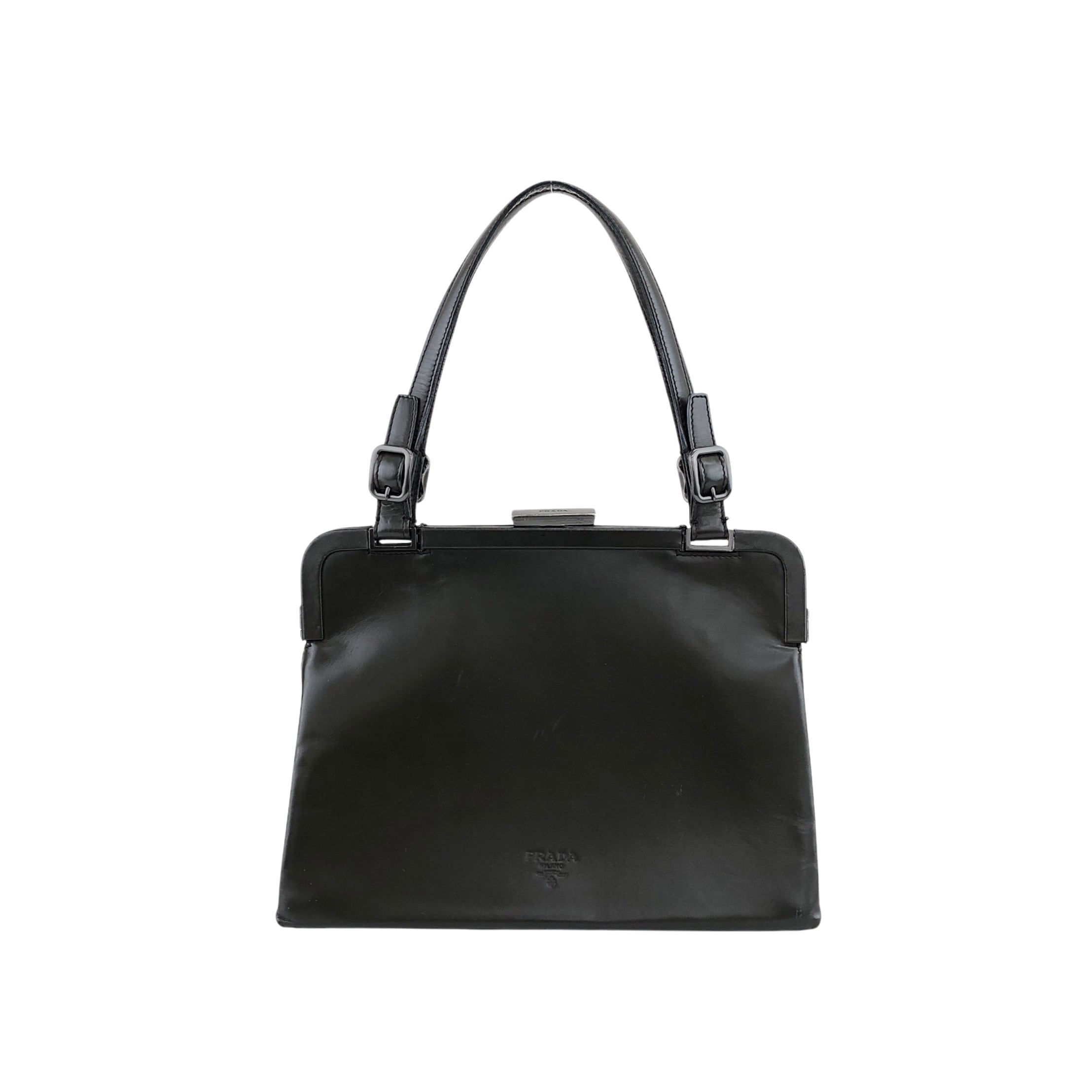 PRADA プラダ ハンドバッグ ダークグリーン ロゴ型押し レザー がま口