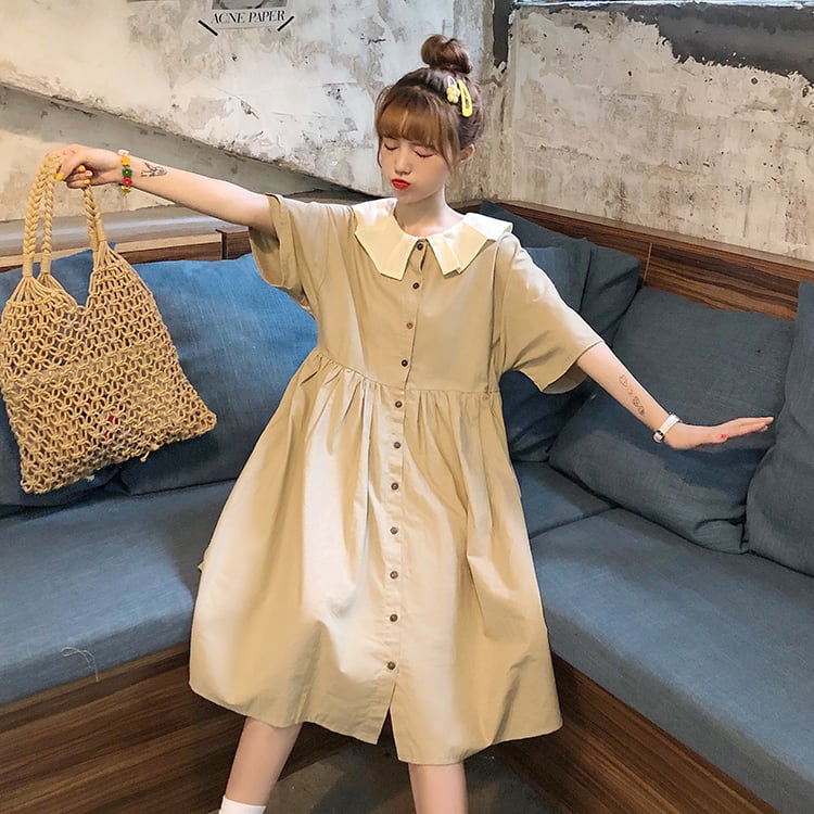 送料無料 ゆるかわワンピ ナチュラル ガーリー レトロ プリーツ 襟付き 半袖 ロング シャツ ワンピース Lamitte Deco トレンド 韓国ファッション ショップ Base店