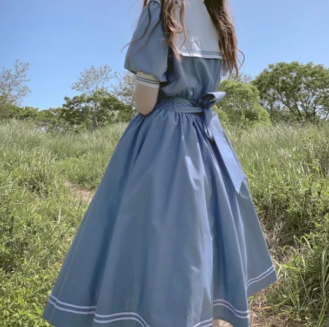 ロリータ ワンピース セーラー服風 青 リボン付き 夏 ゴスロリ 半袖 ドレス ブルー Cinderella Story