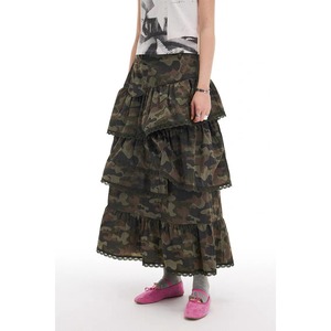 [PHYS] irregular pleated camouflage lace cake skirt