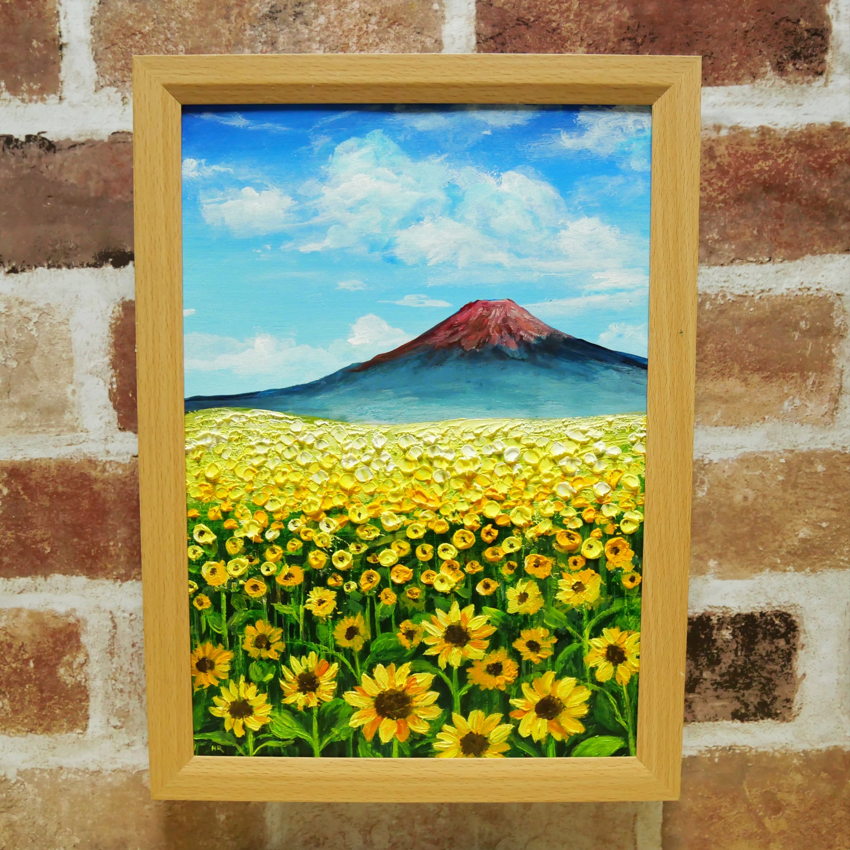 油絵 絵画【ひまわり畑の富士山】 油絵 絵画 ひまわり畑の富士山【A4】