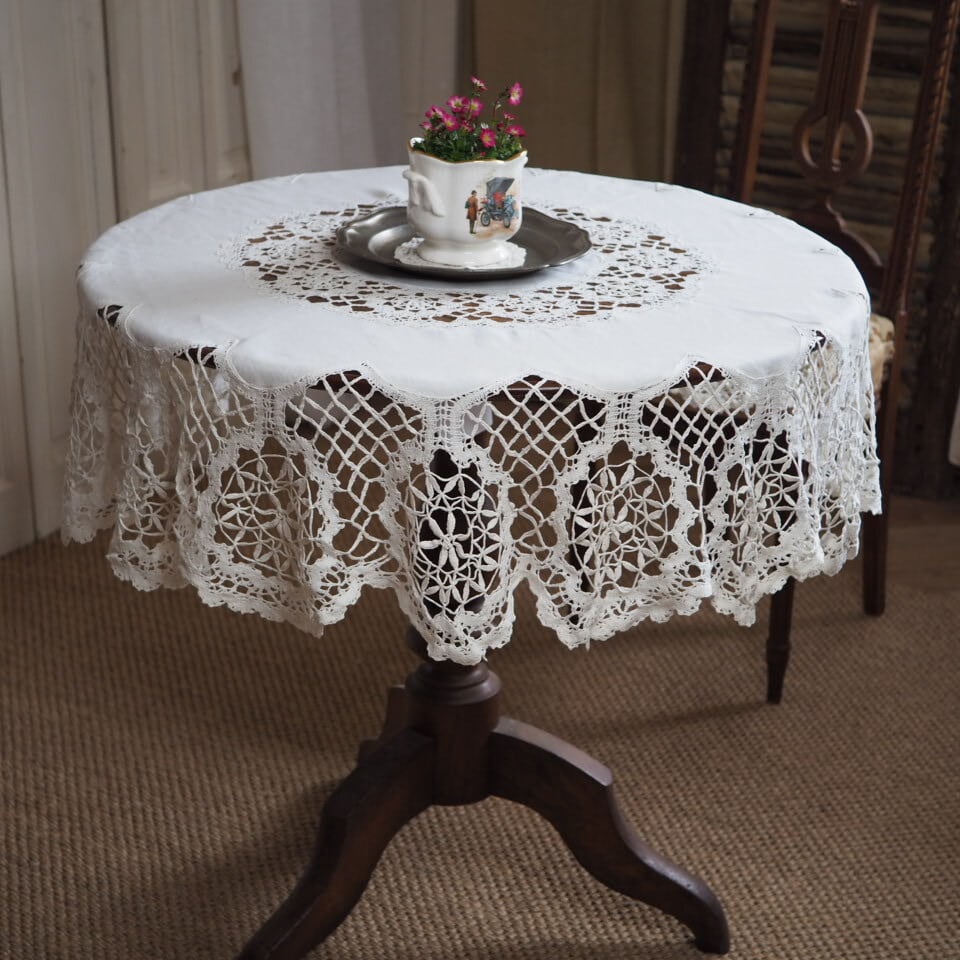 アンティーク 手編みレース 円形テーブルクロス|1900年代初頭 フランス