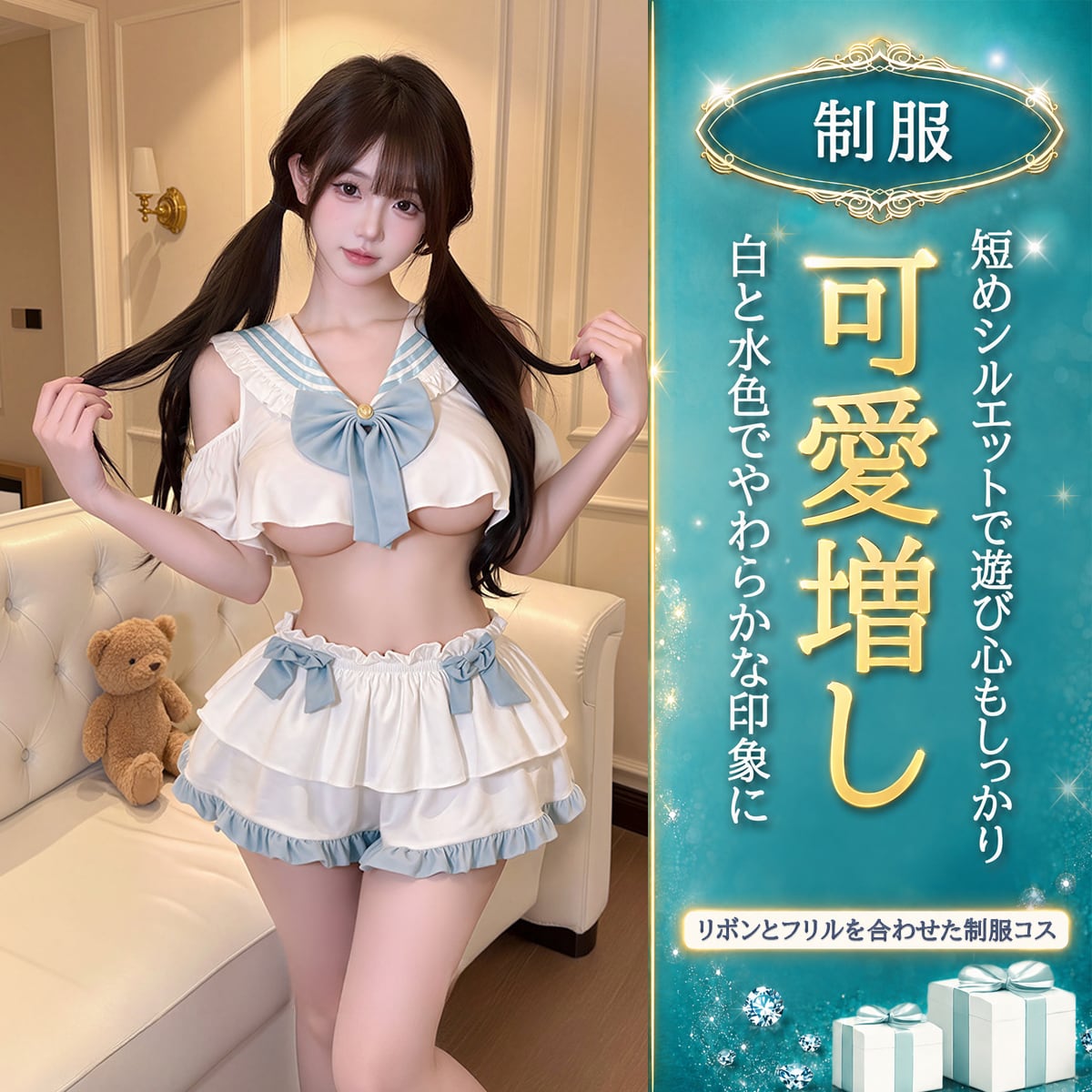 〔制服〕肩見せセーラー風 ホワイト×ブルー学院コスチューム